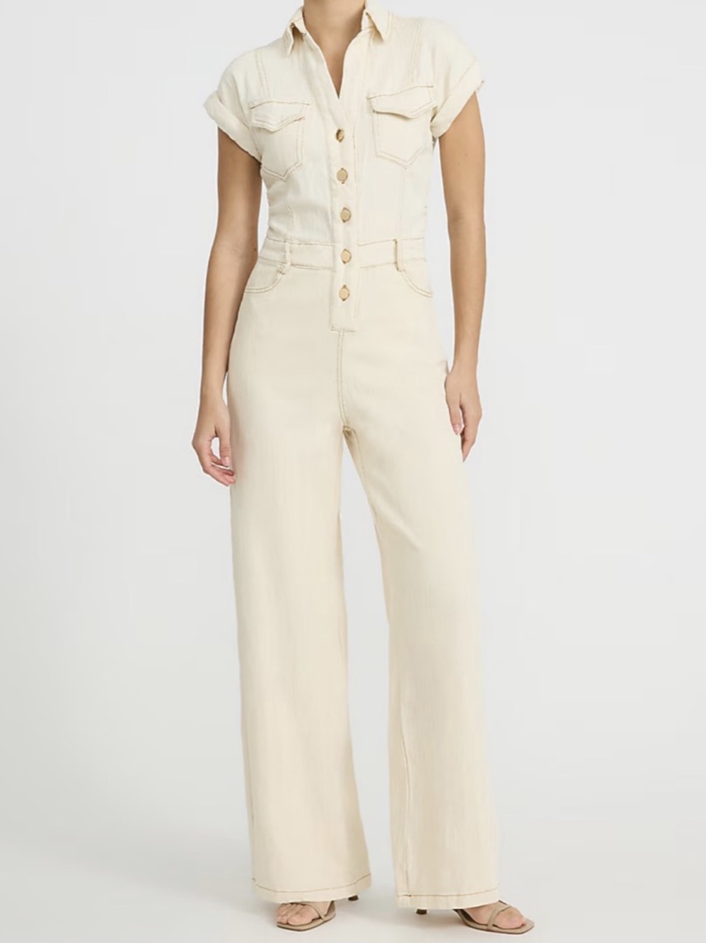 Express Stretch Denim Short Sleeve Wide Leg Jumpsuit Cream Small